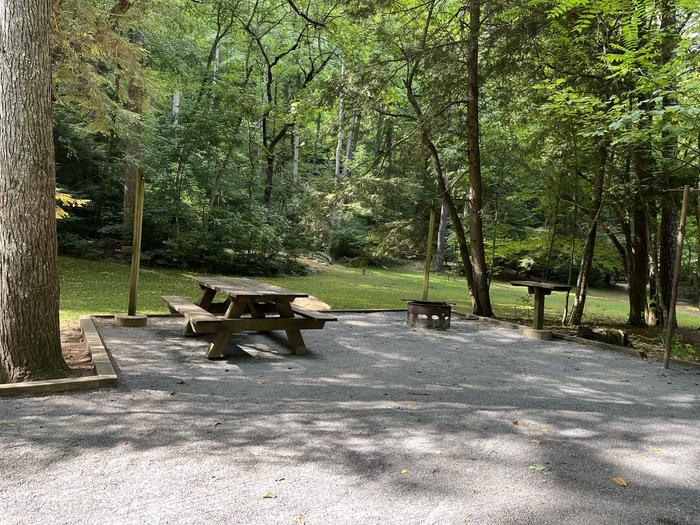 A photo of Site 040 of Loop B at CAVE MOUNTAIN LAKE FAMILY CAMP with Picnic Table, Fire Pit, Shade, Tent Pad, Lantern Pole