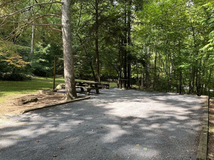 A photo of Site 040 of Loop B at CAVE MOUNTAIN LAKE FAMILY CAMP with Fire Pit, Shade, Tent Pad, Lantern Pole