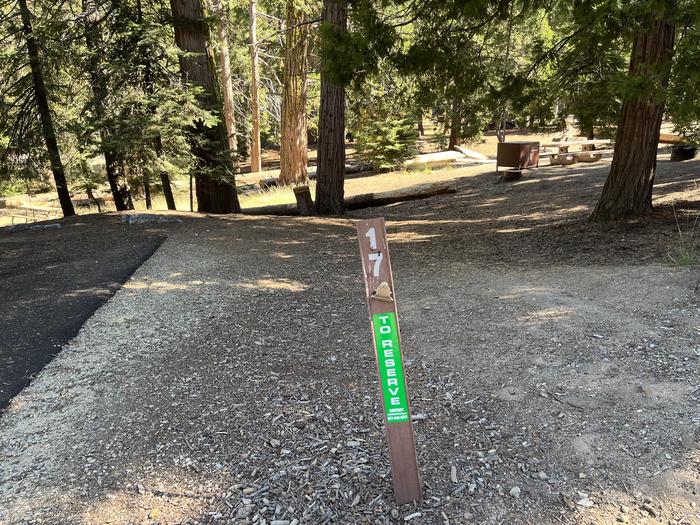 Campsite #17 showing post sign, parking pad, picnic table, fire ring, and bear boxCampsite #17