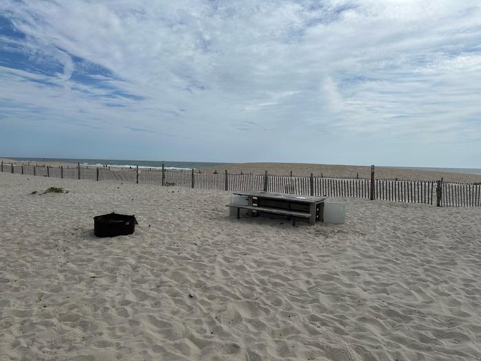 Oceanside site 58 in September 2024.  View of the wooden picnic table and black metal fire ring on the sand.  Dune fencing runs along the beach front behind the campsite.  Ocean front within the view on the horizon.Oceanside site 58 - September 2024.