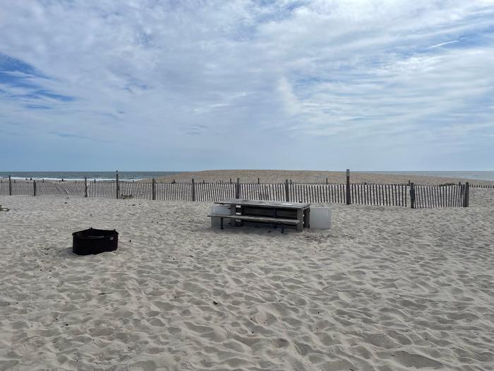 Oceanside site 58 in September 2024.  View of the wooden picnic table and black metal fire ring on the sand.  Dune fencing runs along the beach front behind the campsite.  Ocean front within the view.Oceanside site 58 - September 2024.