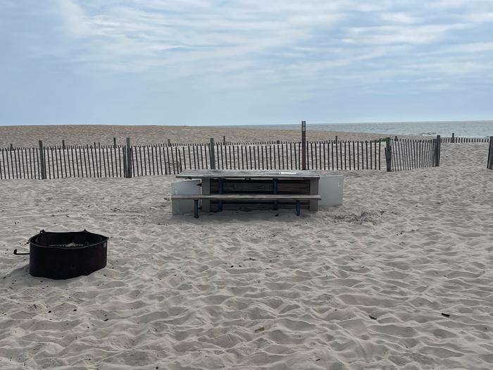 Oceanside site 58 in September 2024.  View of the wooden picnic table and black metal fire on the sand.  Dune fencing runs along the beach front behind the campsite.  There is a break in the fencing that allows access to the beach front.  Ocean front on the horizon.Oceanside site 58 - September 2024.