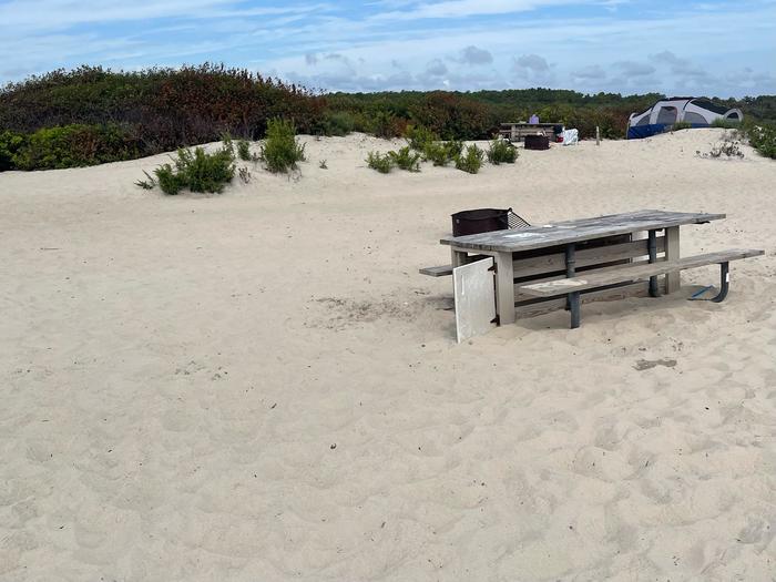 Oceanside site 58 in September 2024.  View of the wooden picnic table and black metal fire ring on the sand.  Brush on the horizon.  Other campsites and other campers' equipment within the view.Oceanside site 58 - September 2024.