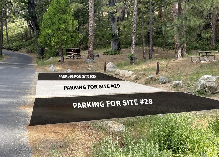 Gravel parking at the bottom of a grassy hill with trees and campsites. Overlayed on the image, in the parking pad, are 2 black boxes and 1 white. The black boxes demonstrate the parking areas for sites #30 and #28. The white box demonstrates the parking for site #29Parking for site #29 is shared with sites #28 and #30. Will fit two cars pulled straight forward into the site.