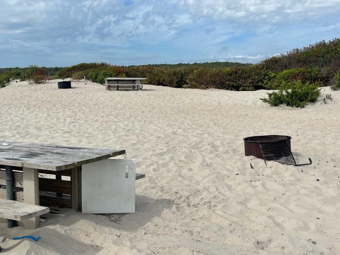 Oceanside site 58 in September 2024.  View of the wooden picnic table and black metal fire ring on the sand. White door to the horse box under the picnic table has been left open.  Brush on the horizon.  Other campsites within the view.Oceanside site 58 - September 2024.