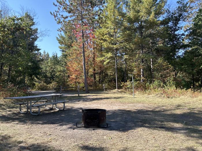 Campfire ring, picnic table, and lantern post in campsite 3