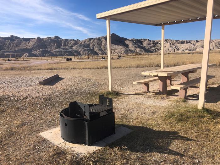 Toadstool camp site with badlands in the background.