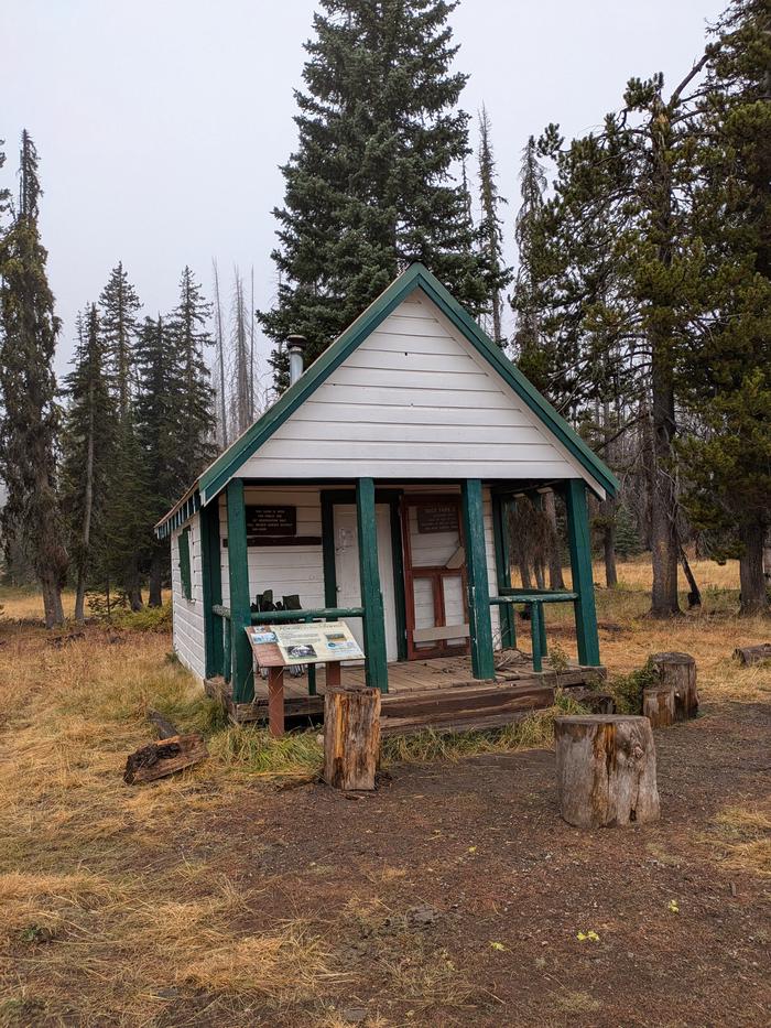 Buck Park cabin on a cloudy fall day.