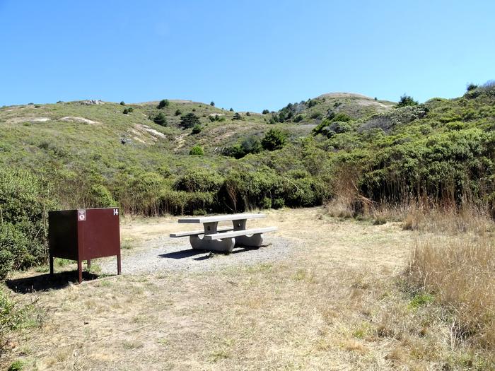 Campsite with picnic table and food storage locker.Coast 14