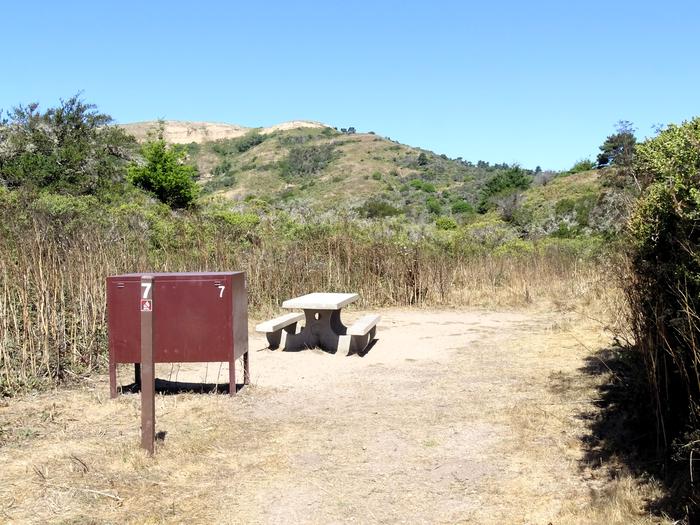 Campsite with picnic table and food storage locker.Coast 7