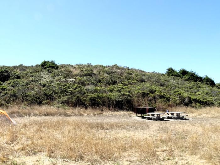 Campsite with picnic table and food storage locker.Coast Group Site 13