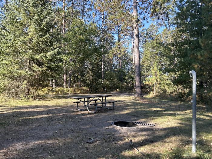 Campfire ring, picnic table, and lantern post in campsite 30