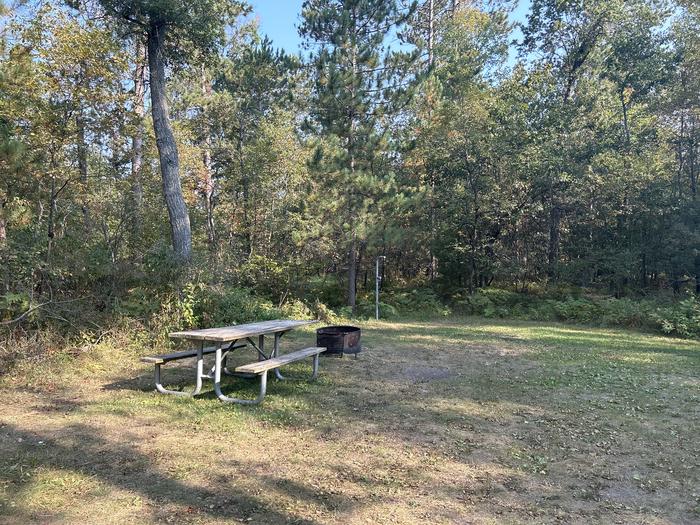 Campfire ring, picnic table, and lantern post in campsite 34