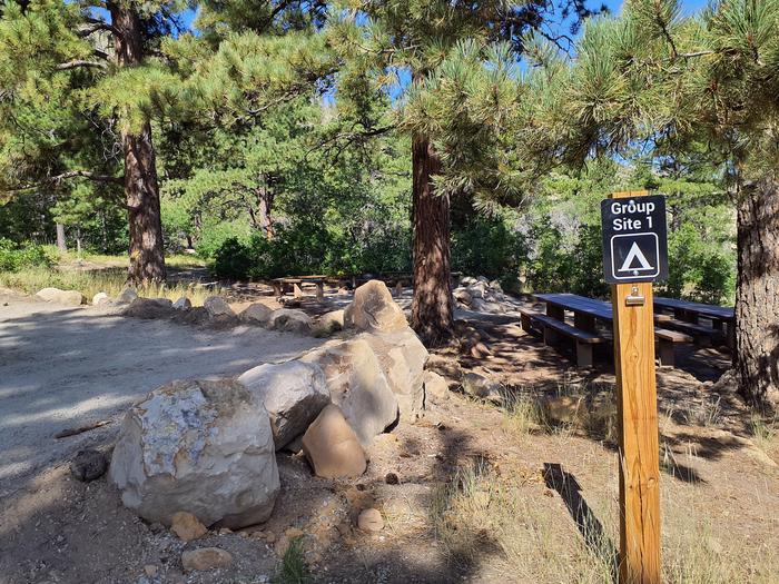 Picnic tables and parking area at Group site 1Group site 1 at Price Canyon Recreation area.