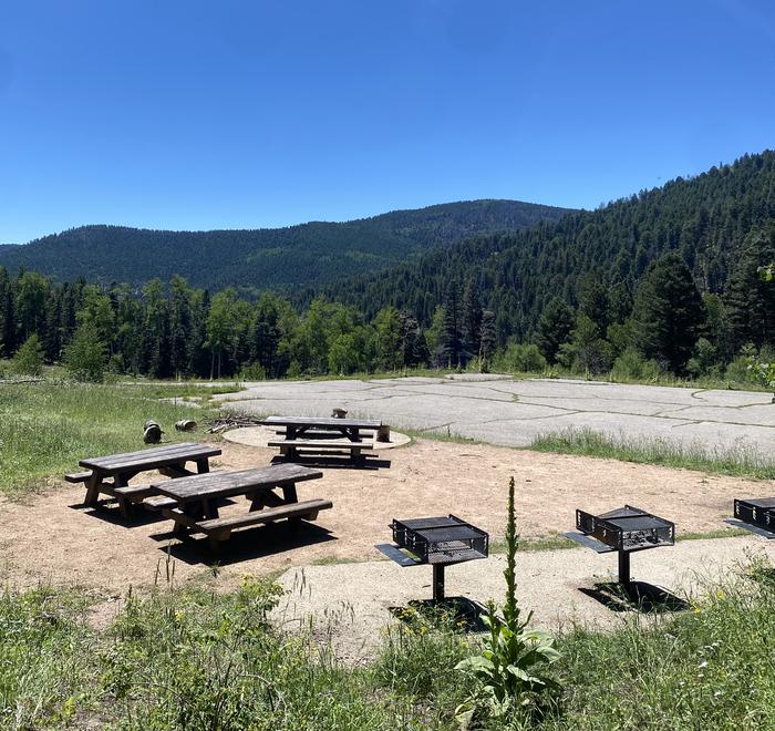 Site B with picnic table, campfire ring, and parking.