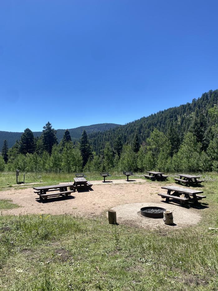 Site A with picnic tables, campfire ring, and grills. Trash Cans near vault toilets and private parking.