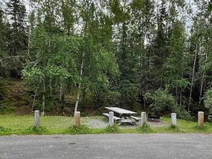 Flat campsite with table, firepit, and boreal forest in the backgroundCampsite 13, Loop Skyview