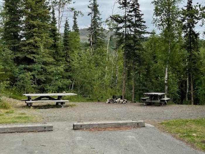 Flat campsite with table, firepit, and boreal forest in the backgroundCampsite 16, Loop Skyview