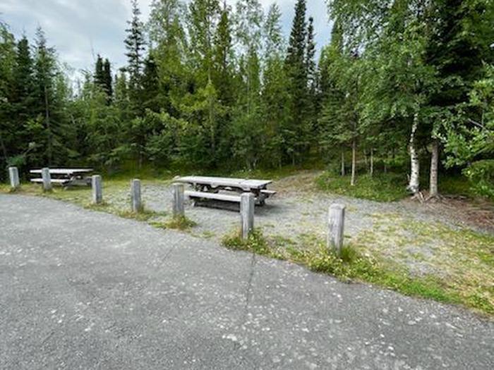 Flat campsite with tables, firepit, and boreal forest in the backgroundCampsite 19, Loop Skyview