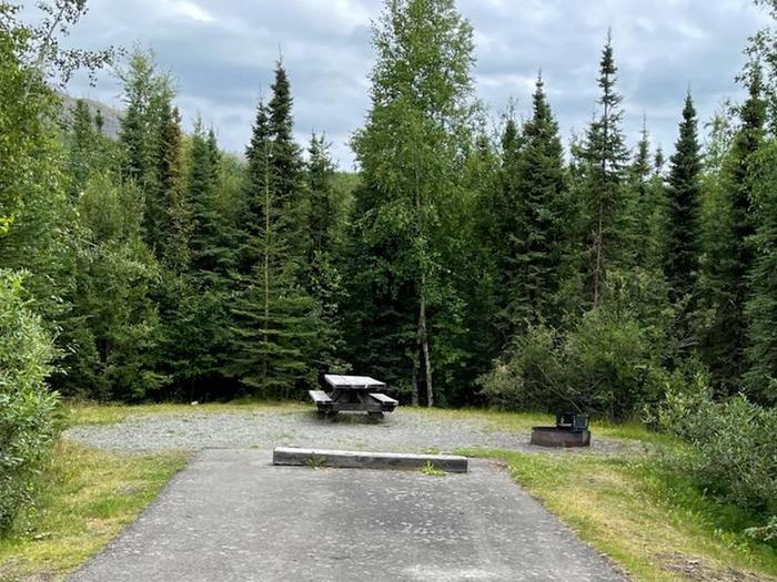 Flat campsite with table, firepit, and boreal forest in the backgroundCampsite 21, Loop Skyview