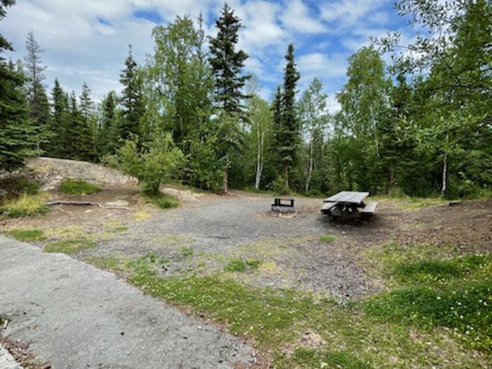 Flat campsite with table, firepit, and boreal forest in the backgroundCampsite 23, Loop Skyview