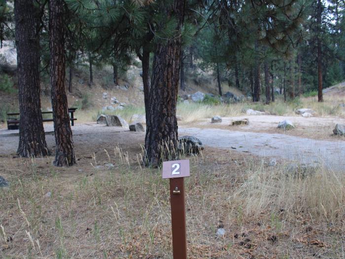 View of site 2, site post and trees are visibleSite 2, Mountain View Campground, Boise National Forest