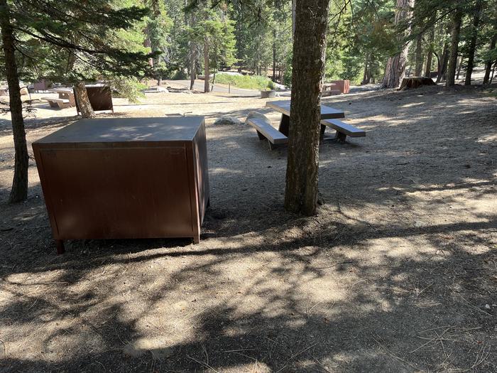 Right side of campsite showing bear box, fire ring, and bear box with other campsites in backgroundRight side of campsite