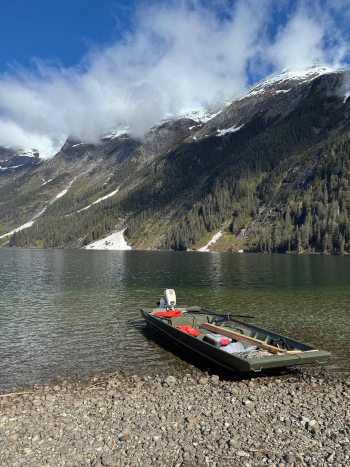 View toward Turner Lake West Cabin with cabin skiff