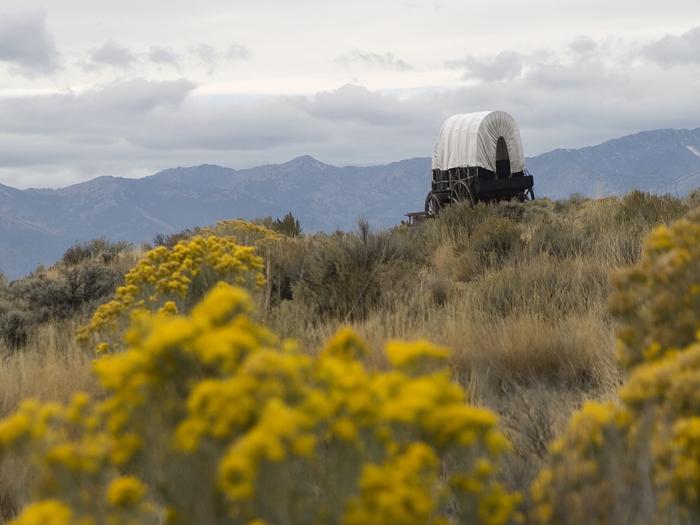 Covered wagon with yellow rabbit brush and mountains in the background with a cloudy skyCovered wagon at National Historic Oregon Trail Interpretive Center