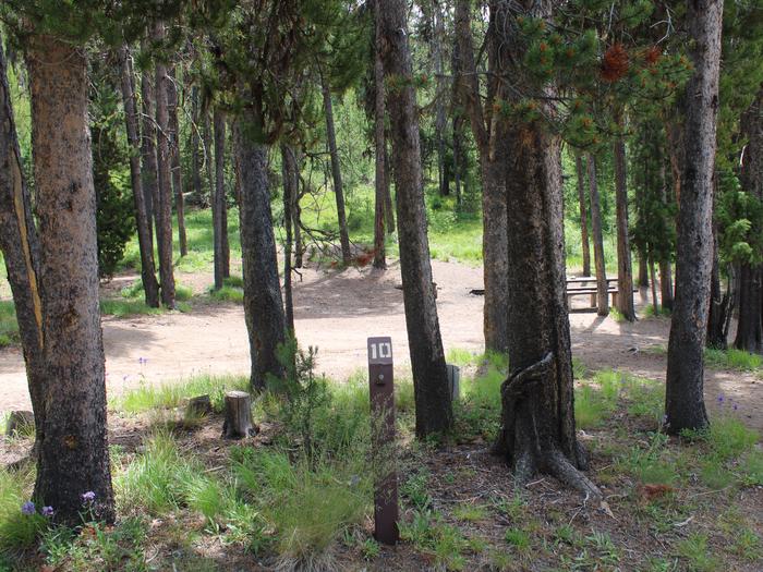 Site post 10 in the shade, between treesSite 10, Howers Campground, Boise National Forest