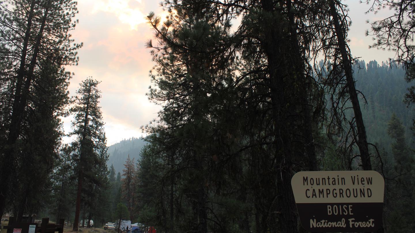 Sunshines down behind trees in the mountain view campgroundMountain View Campground Sign