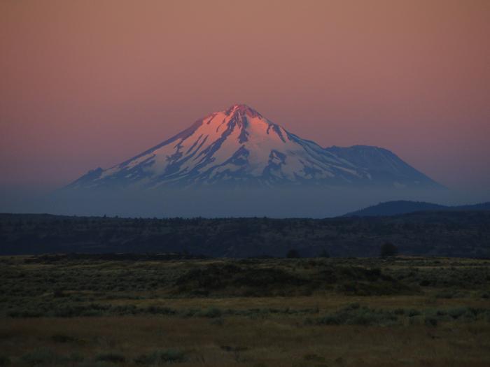 Overview of Lava Beds with Mount Shasta in the background. 