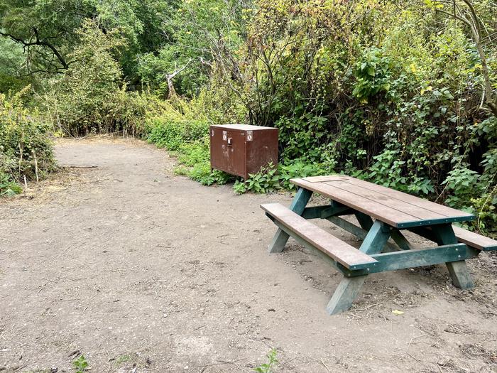 Campsite with picnic table and food storage lockerGlen 3