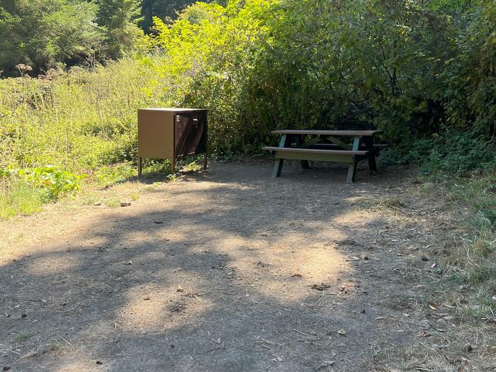 Campsite with picnic table and food storage locker.Glen 12