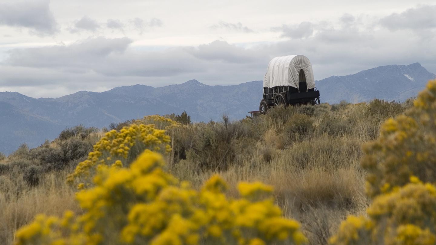 Covered wagon with yellow rabbit brush and mountains in the background with a cloudy skyCovered wagon at National Historic Oregon Trail Interpretive Center