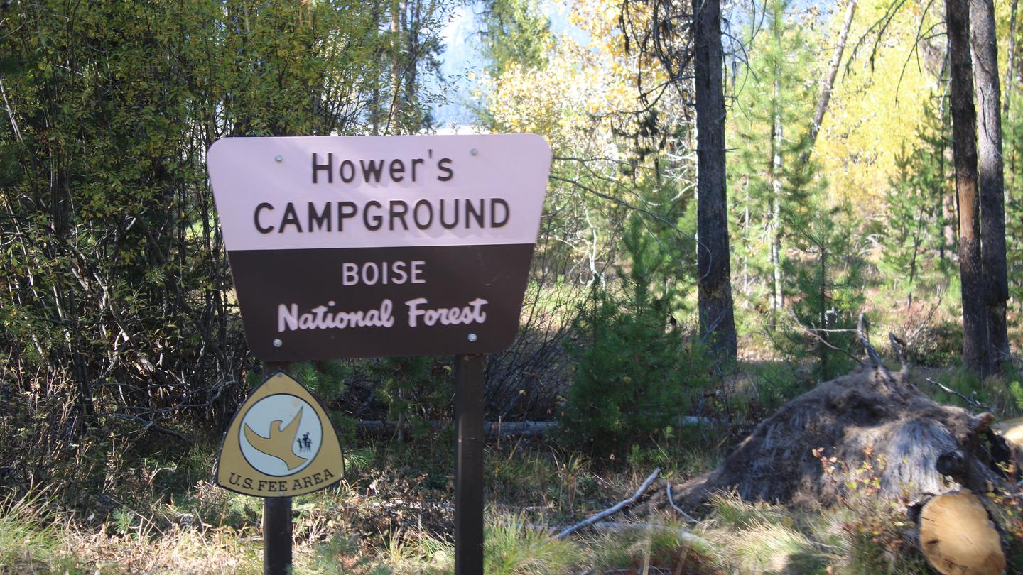 Howers campground sign in front of treesHowers campground sign