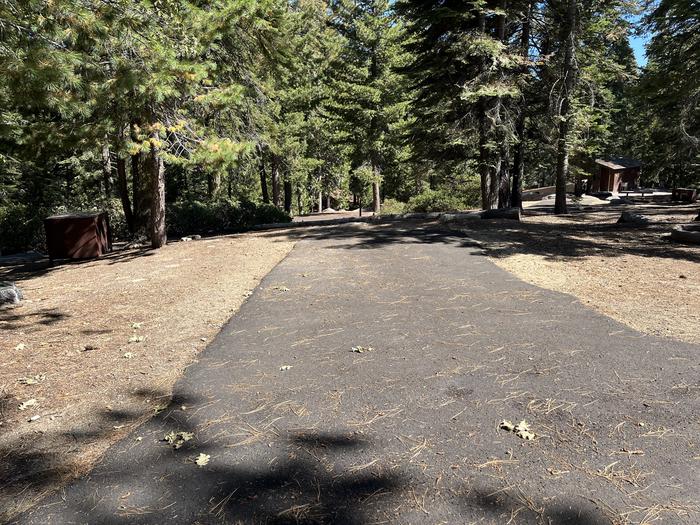 Parking pad with bear box on left and nearby restroom in backgroundParking pad