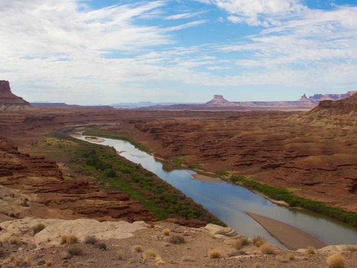 Green River ViewA river lined with green plants flows among red-rock canyons and buttes