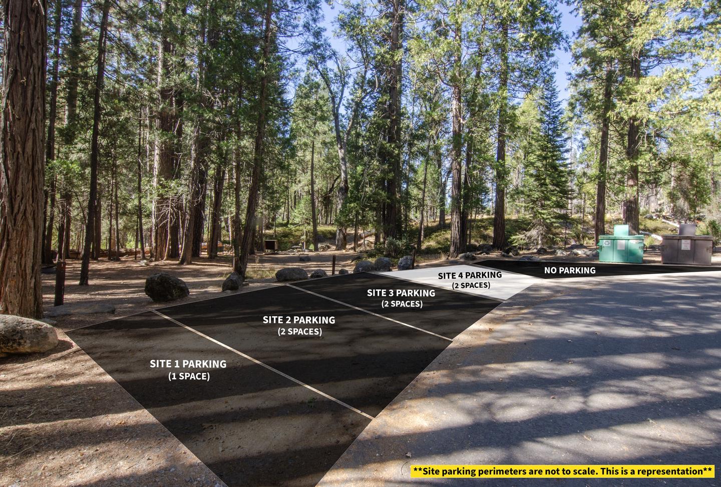 Large dirt area for parking bordered by boulders and garbage/recycling binsParking is shared with campsites 01, 02, and 03. No rooftop tents allowed due to limited parking