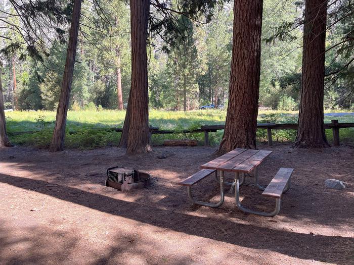 Camping area showing fire ring, picnic table and tent padPicnic table and fire ring