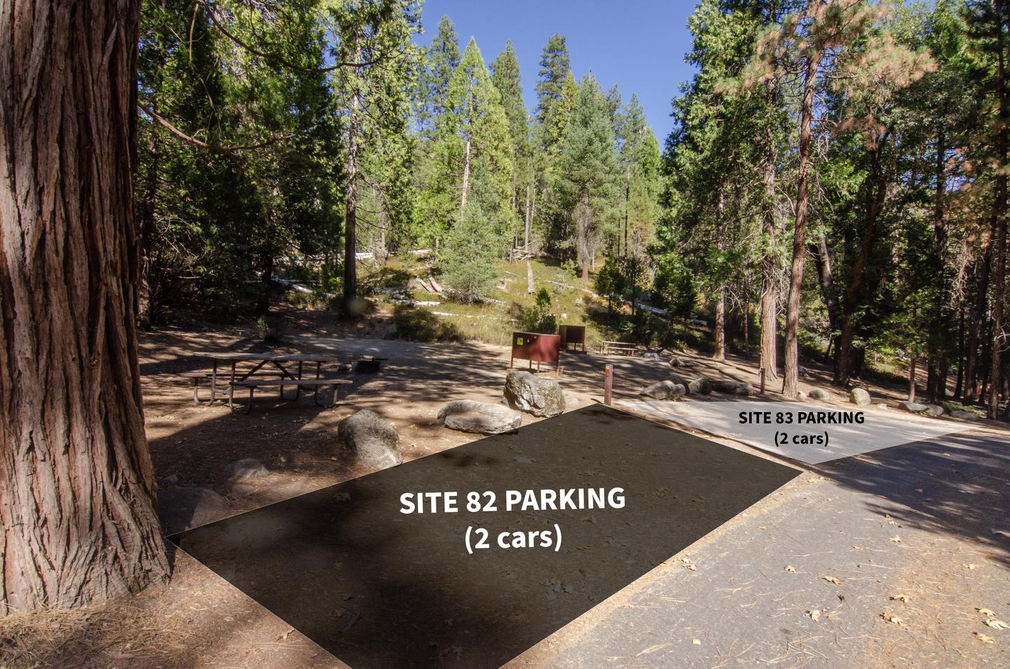 Site 83 parking padSite #83 shares a parking pad with site #82. Parking pad is on an incline - it is unsuitable for rooftop tents, RVs, and vans.