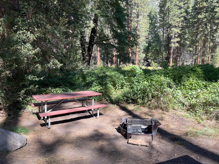 Camping area showing fire ring, picnic table and tent padPicnic table and fire ring
