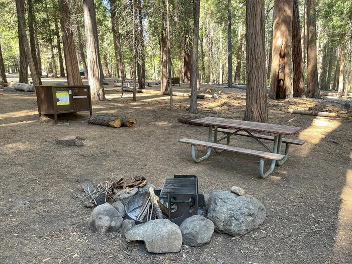 Camping area showing bear box, fire ring, picnic table and tent padBear box, picnic table and fire ring
