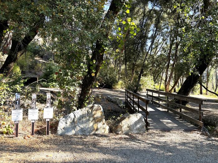 A photo of Peltier Bridge Campground parking area and entrance to walk-in campsites 1, 2, and 3.