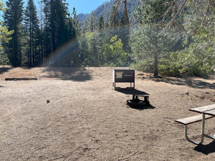 Camping area showing bear box, fire ring, picnic table and tent padBear box, picnic table and fire ring
