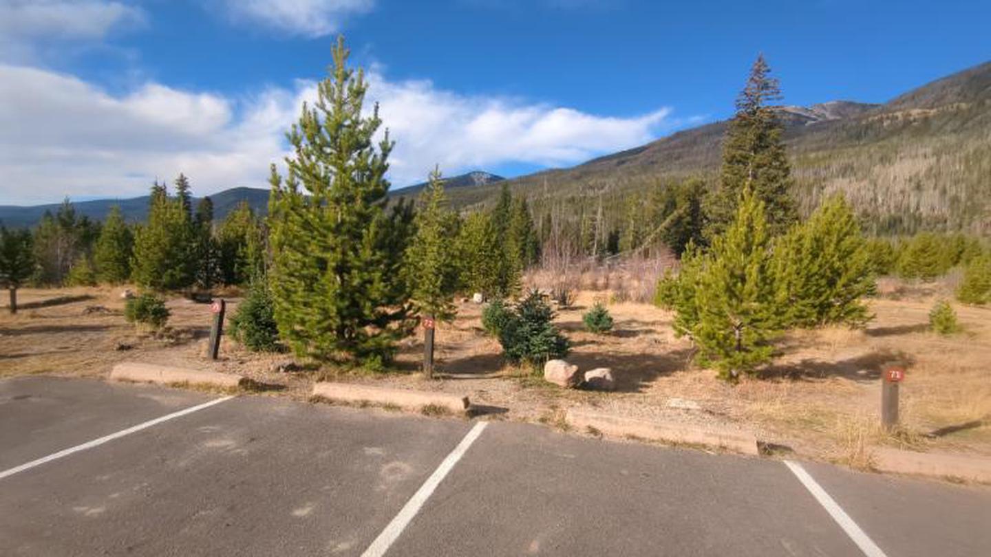 A photo of Site 72 of Loop C at Rocky Mountain National Park Timber Creek CampgroundSite 72 has only one parking spot; the adjacent spots are for other campsites.