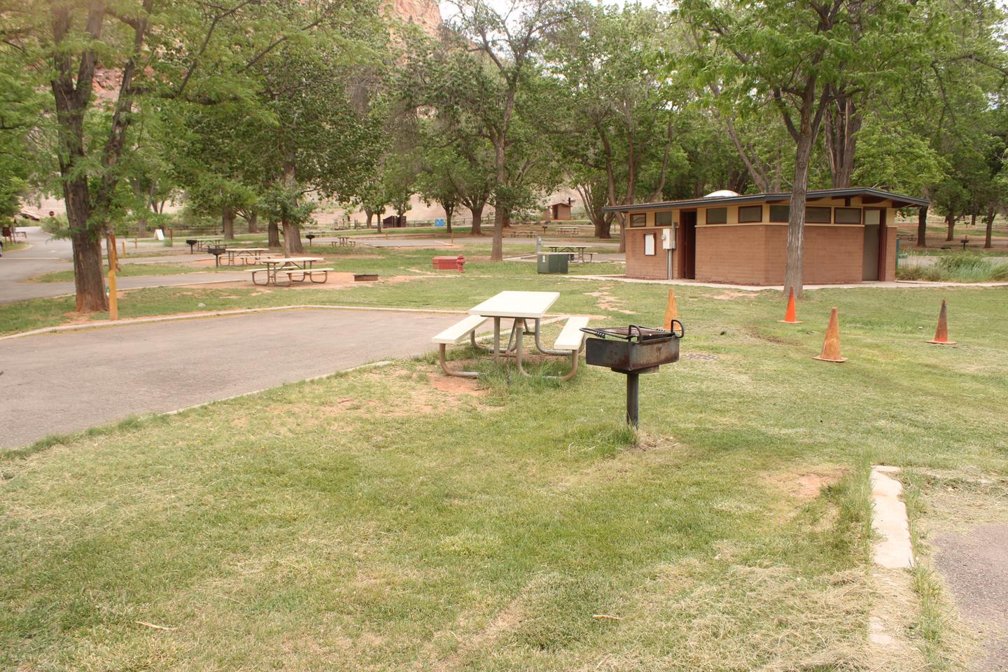 A paved driveway. Facing the end of the driveway, a picnic table and grill are off to the right side. A small building is in the background.Site 7, Loop A in summer. Admin Site.
Paved Dimensions: 20' x 33'