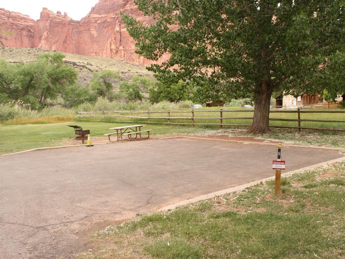 A paved driveway. Facing the end of the driveway, a picnic table, grill, and fire pit are off to the left side. A tree is directly behind the site. In the background there are tall red cliffs..Site 8, Loop A in summer. Admin Site.
Paved Dimensions: 30' x 30'