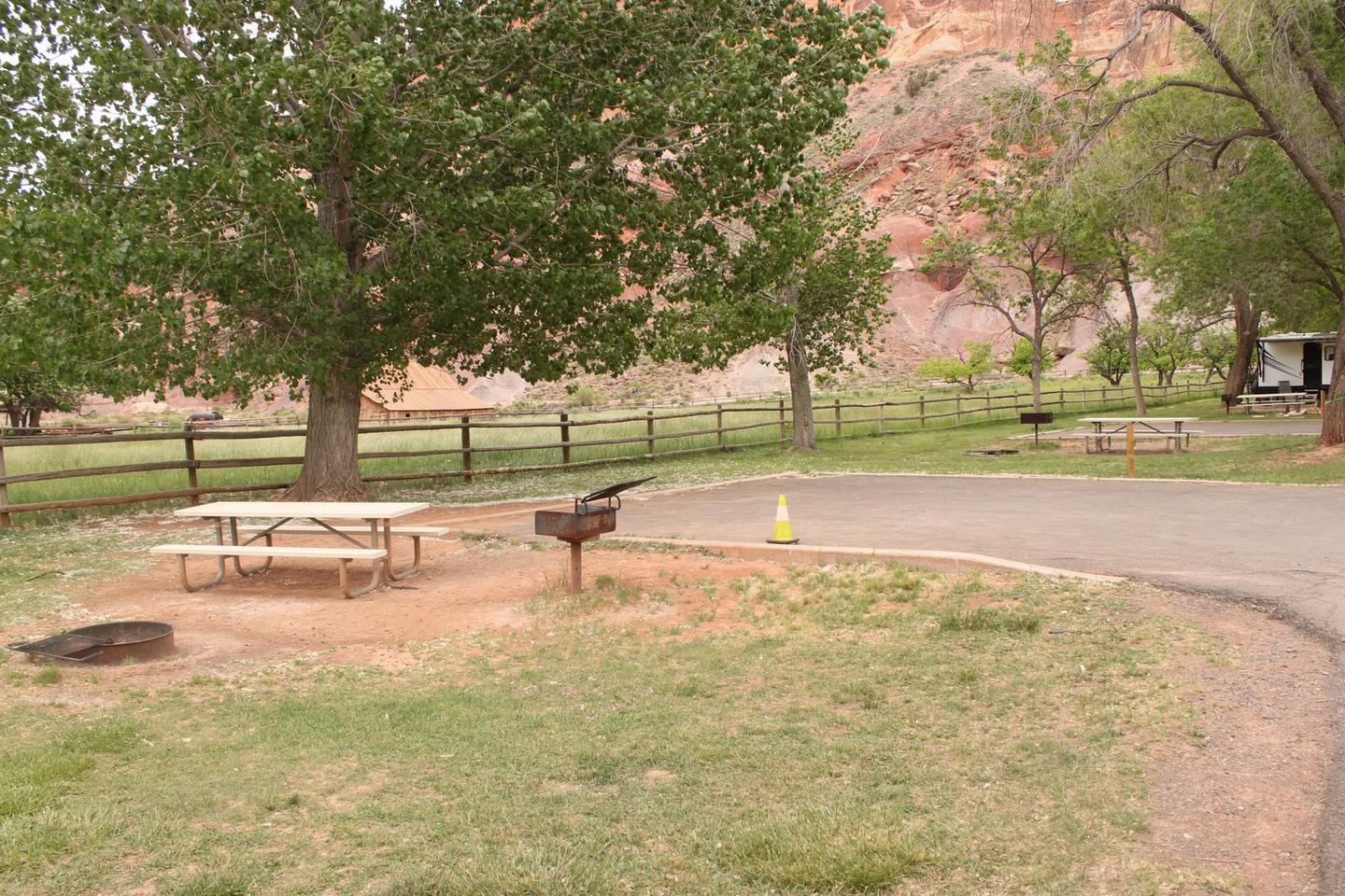 A paved driveway. Facing the end of the driveway, a picnic table, grill, and fire pit are off to the left side. A tree is directly behind the site. Site 8, Loop 1 in summer. Admin Site.
Paved Dimensions: 30' x 30'