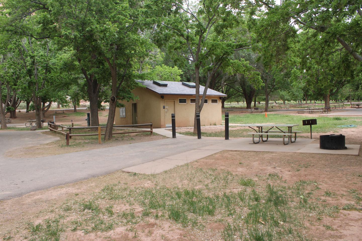 A paved driveway. Facing the end of the driveway, three bollards are in the ground at the end of the site spaced far enough apart for a bicycle to get through. To the right side there is a picnic table, grill ,and raised firepit all on pavement. A sidewalk leads from the picnic table to a small building. Site 26, Loop B in summer. Accessible site.
Paved Dimensions: 16' x 29'